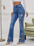 Embroidered Flare Jeans Women Dark Blue Vintage Bell Bottom Wide Leg Denim | Casual Breathable Floor-Length Pants Everyday Retro Fashion S-XXL