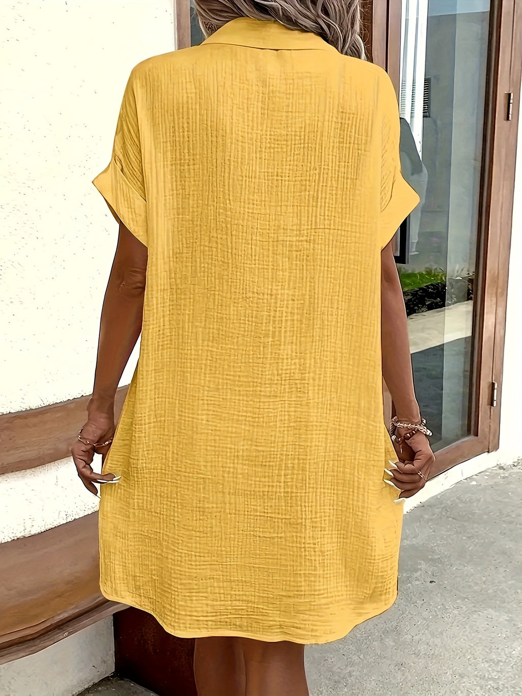 V-Neck Button Shirt Dress Women Short Sleeve Casual All-Season Lightweight Collar Dress