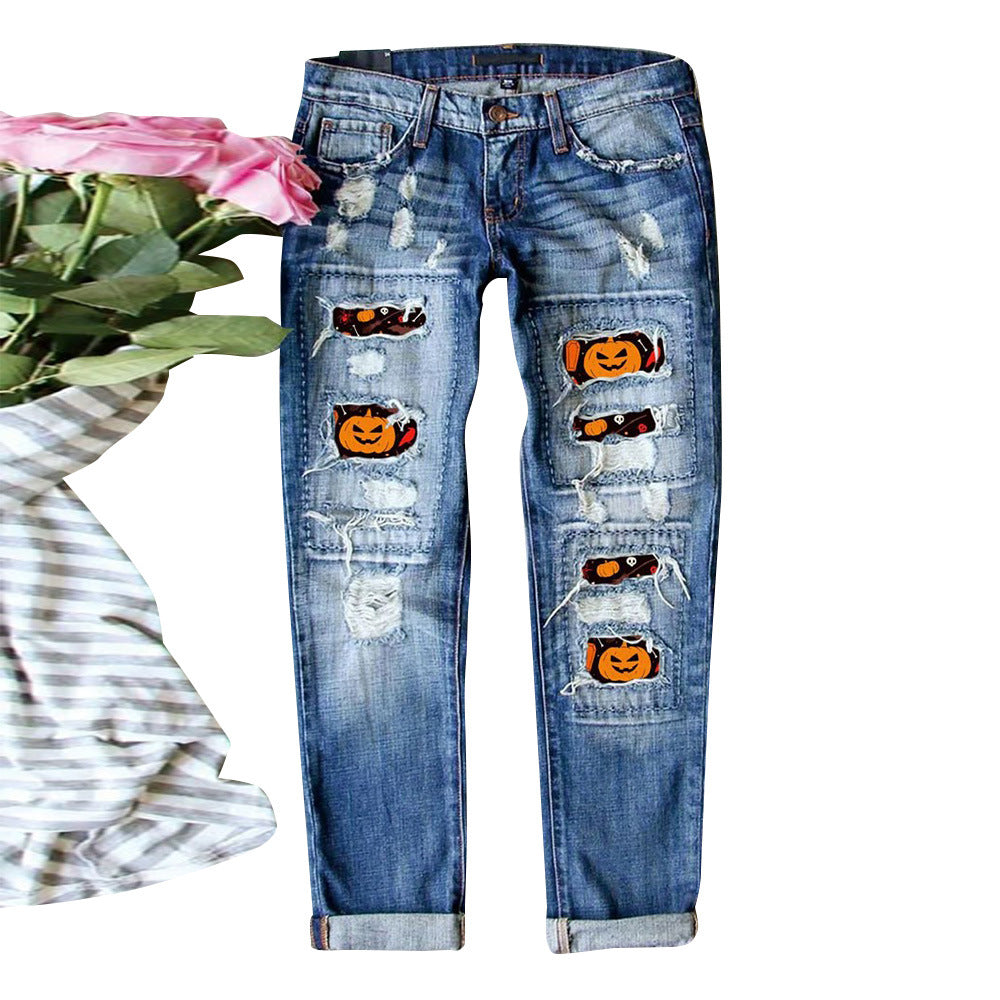 Halloween Patch Ripped Straight Leg Jeans Women Personalized Streetwear Distressed Denim Pants Trendy Casual Fall