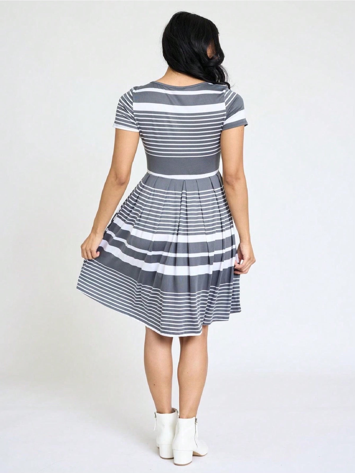 Paisley Floral Swing Dress Women Chevron Stripe Patchwork Pleated Square Neck Elastic Waist Midi Casual Plus Size S-3X