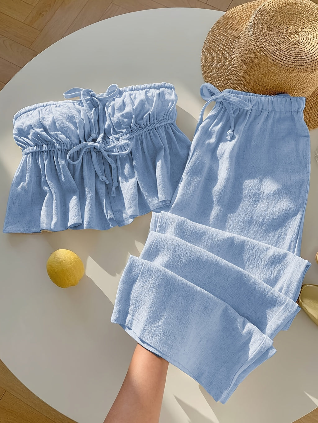 Strapless Tie Cropped Top and Wide Leg Pants 2pcs Set Women Spring Summer Vacation Casual Fresh Outfit S-XXL