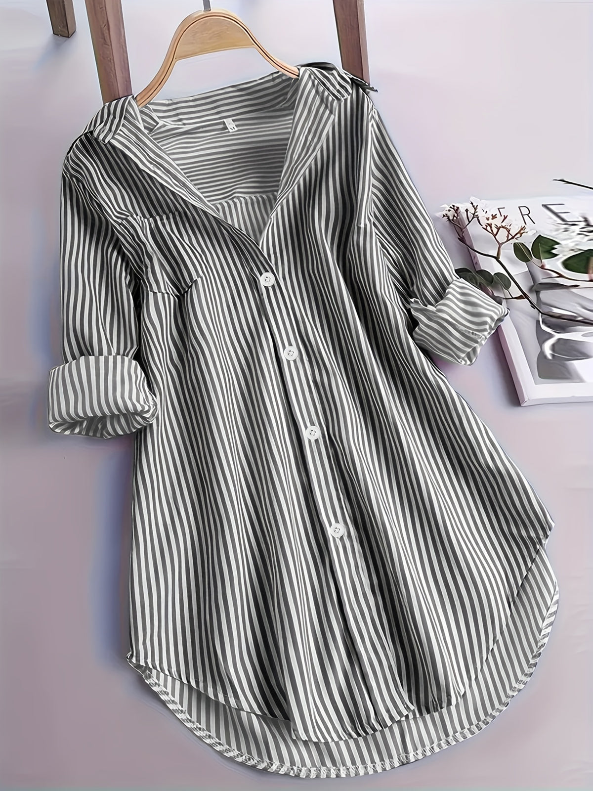Striped Long Sleeve Shirt Women Loose Fit Woven Casual Blouse Spring Fall Top 2 Colors S-XXL