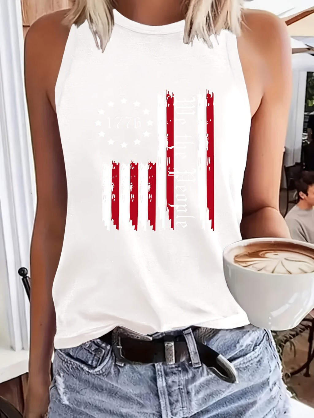 Women's American Flag Sleeveless Tank Top Stars Stripes Print Round Neck Breathable Casual Blouse Spring Summer BBQ Patriotic Outfit