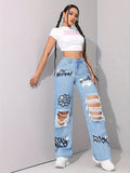 Graffiti Print Ripped Jeans Women High Waist Straight Leg Cartoon Design Light Blue Denim Casual Streetwear XS-XL