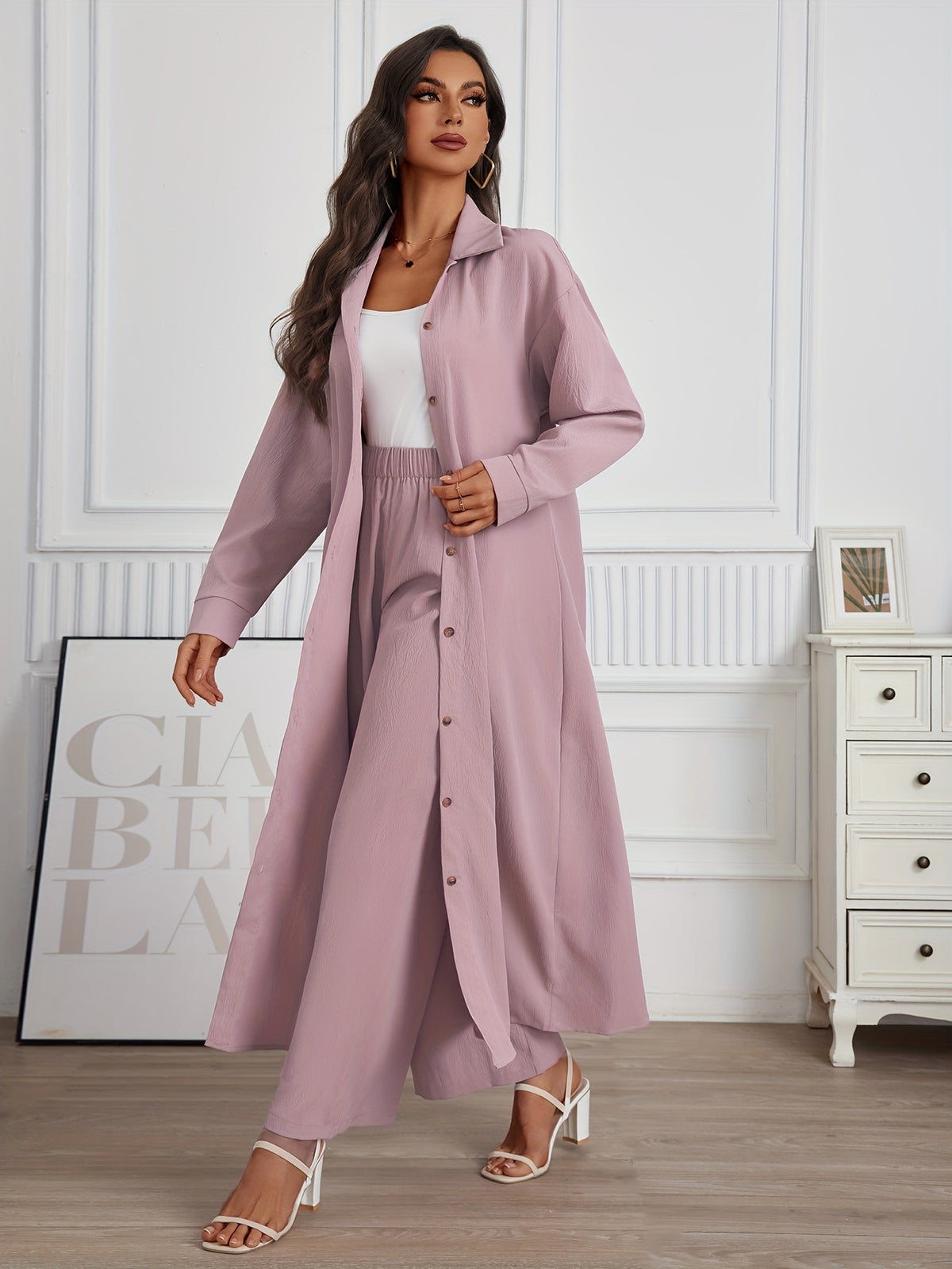 Drop Shoulder Long Shirt Wide Leg Pants 2 Piece Set Women Solid Color Casual Matching Outfit Loose Lounge Streetwear Pink S-XXL