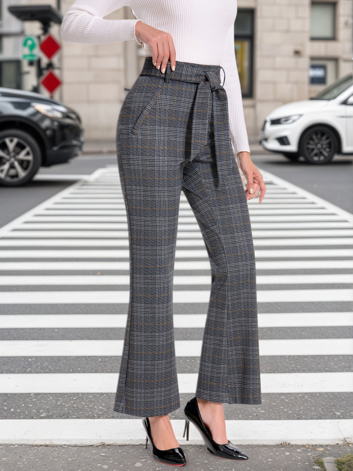 Plaid Flare Pants Women High Waist Tie Belt Slim Fit with Pockets Elegant Office Work Trousers Chic Tailored