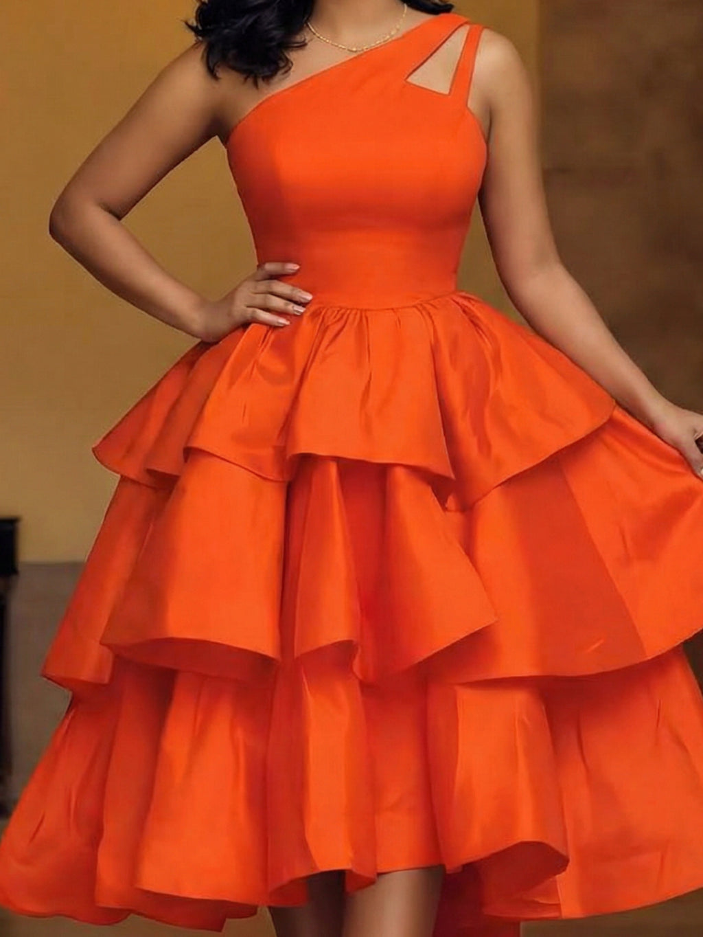 Orange One-Shoulder Cutout Tiered Midi Dress for Women – Eye-Catching Party Gown for Birthday Dinners, Gatherings & Summer Events
