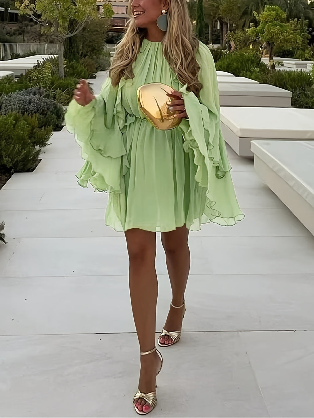 Layered Ruffle Chiffon A-Line Dress Women Loose Flowy Semi-Sheer Casual Vacation Spring Summer Dress S-XXL