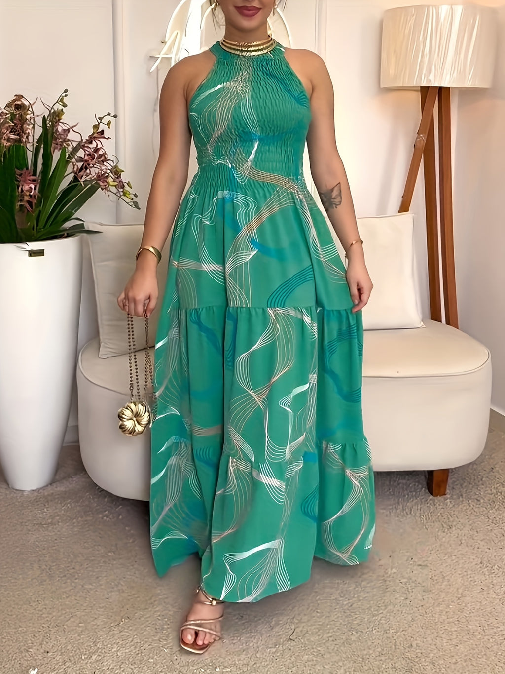 Abstract Print Halter Maxi Dress for Women | Sleeveless Fit Flare Summer Dress | Shirred Waist Ruffled Hem Long Dress | Geometric Print Boho Sundress Women
