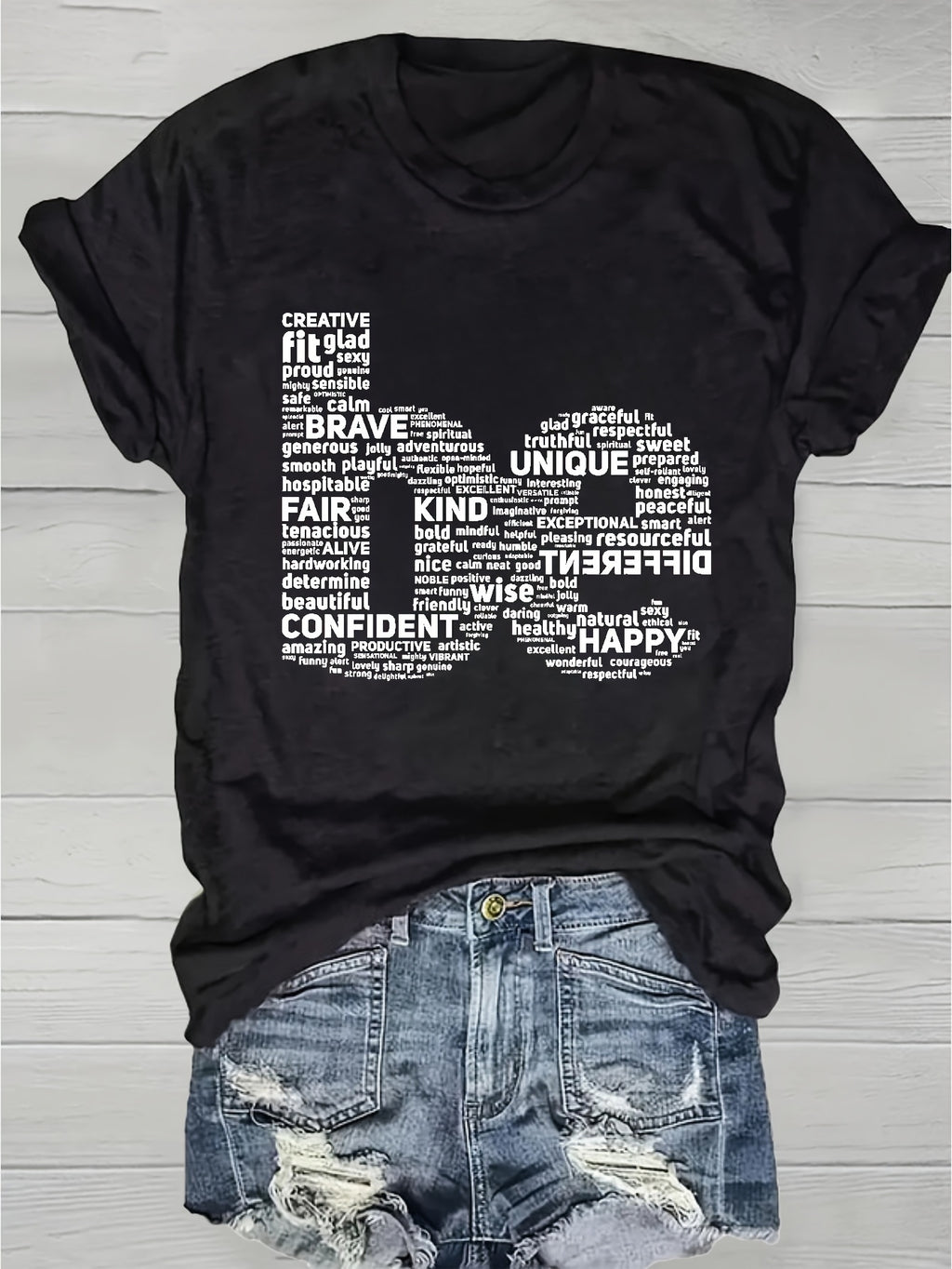 Inspirational Word Cloud Print T-Shirt Women Round Neck Short Sleeve Light Grey Positive Affirmation Casual Tee Spring Summer S-XXL