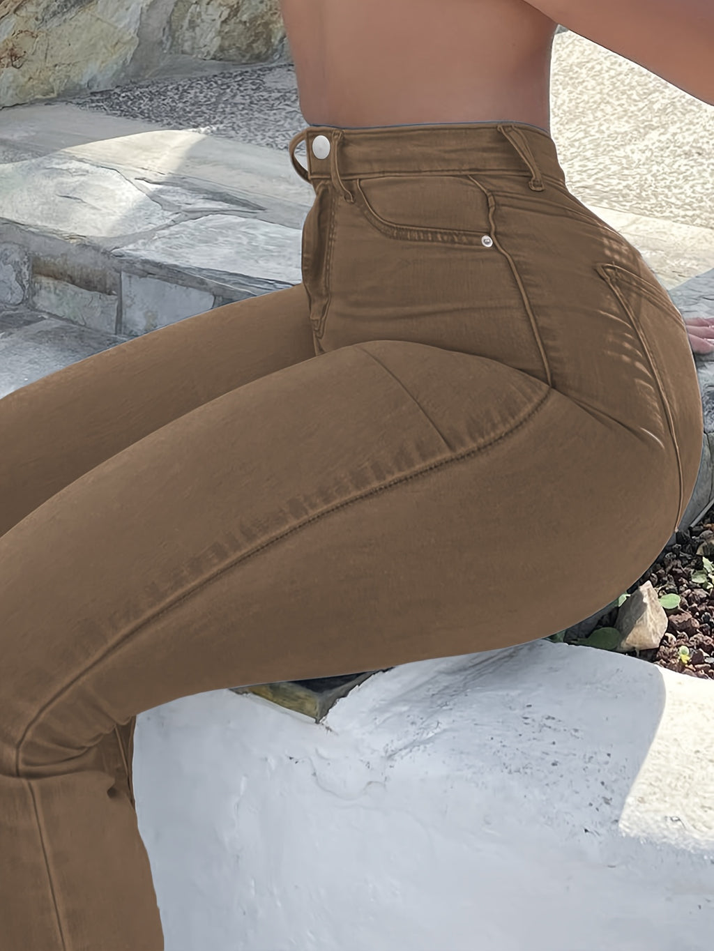 High Waist Stretch Flare Jeans Women Wide Leg Pants with Pockets – Solid Color Street Style, All-Season Comfortable Denim, Machine Washable
