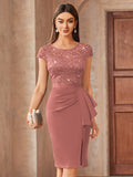 Sequin Lace Bridesmaid Midi Dress Women Cap Sleeve Ruffled Hem Side Slit Formal Wedding Guest Evening Dress