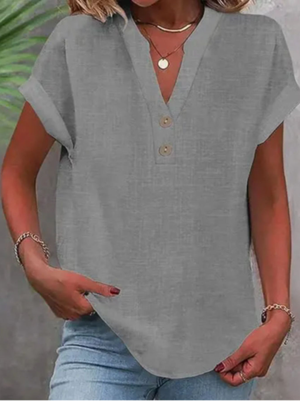 V-Neck Button Placket Tee Women Solid Color Short Sleeve Casual Summer Top Lightweight Breathable 15 Colors S-XXL