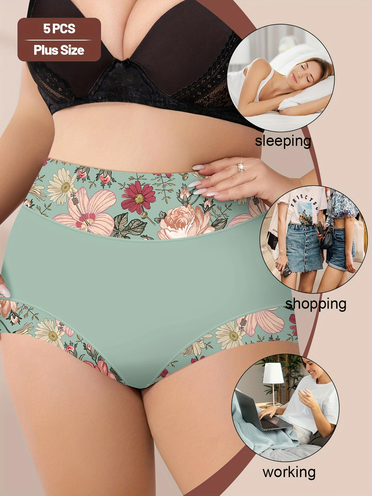 Plus Size Panties 5 Pack Women Floral Print High Waisted Soft Briefs Elegant Comfortable Underwear Set