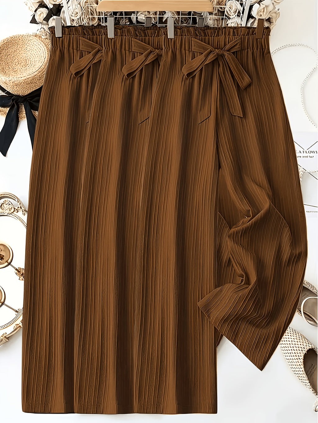Pleated Wide Leg Pants Women 3 Pack Bow Elastic Waist Loose Straight Leg Long Trousers Spring Summer Daily Commute Casual Versatile S-XXL