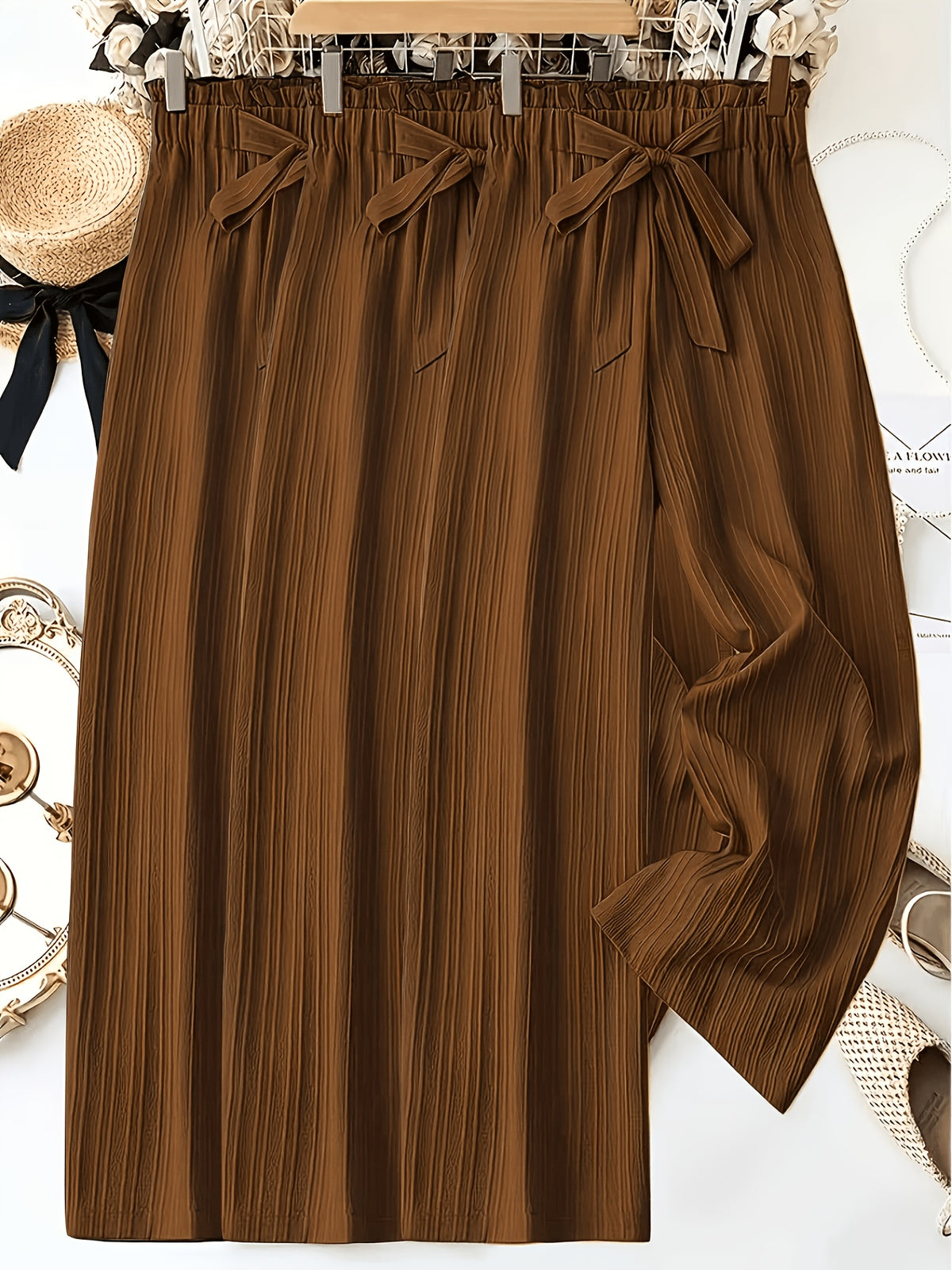 Pleated Wide Leg Pants Women 3 Pack Bow Elastic Waist Loose Straight Leg Long Trousers Spring Summer Daily Commute Casual Versatile S-XXL