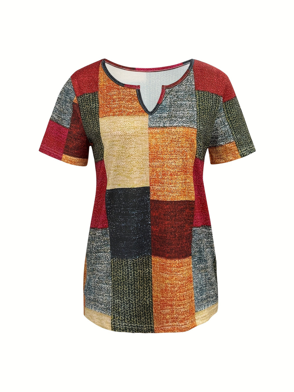 Plaid Print V-Neck T-Shirt Women Short Sleeve 180g Knit Micro Stretch Machine Washable Casual Spring Summer Tee Fashion Top S-XXL