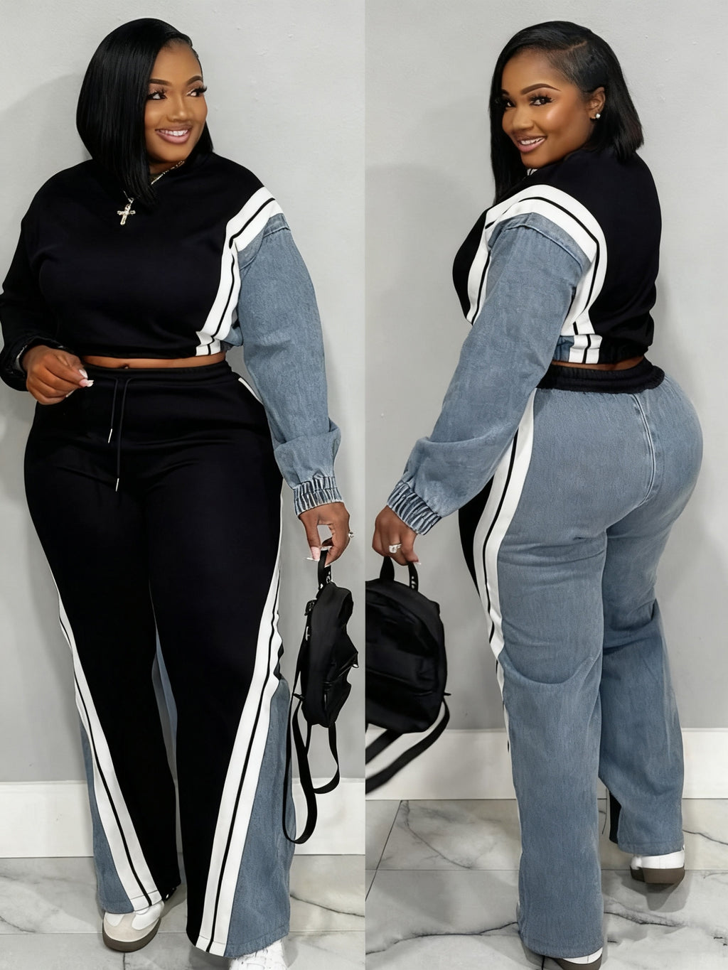 2pcs Tracksuit Set Women Color Block Contrast Stripe Cropped Top Wide-Leg Pants Casual Urban Streetwear Jogger Outfit