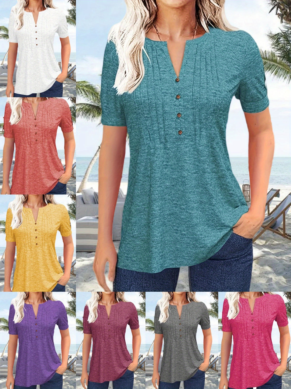 V-Neck Pleated Blouse Women Short Sleeve Button-Up Solid Color Summer Casual Flowy Top S-XL