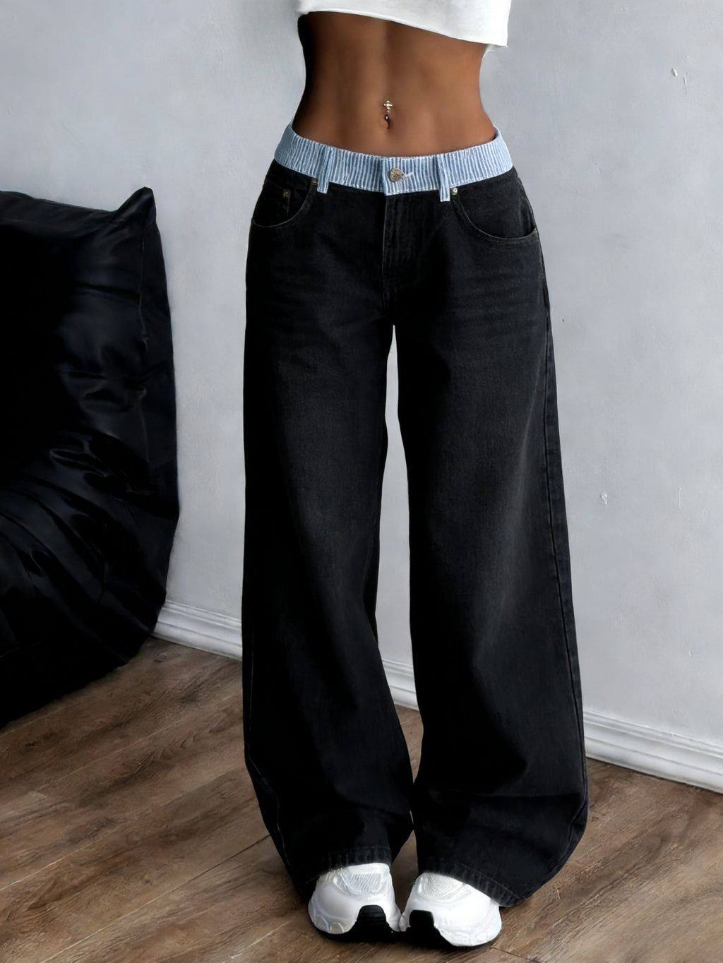 High Waist Straight Jeans Women Colorblock Letter Tape Decoration Splicing Casual Commute Trousers Spring Summer Chic