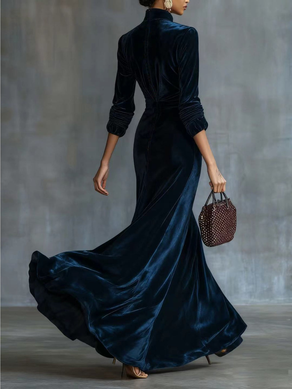 Navy Velvet Fishtail Dress Women Stand Collar Golden Buttons Waist-Defining Mermaid Hem Evening Party Glamorous Formal Dress