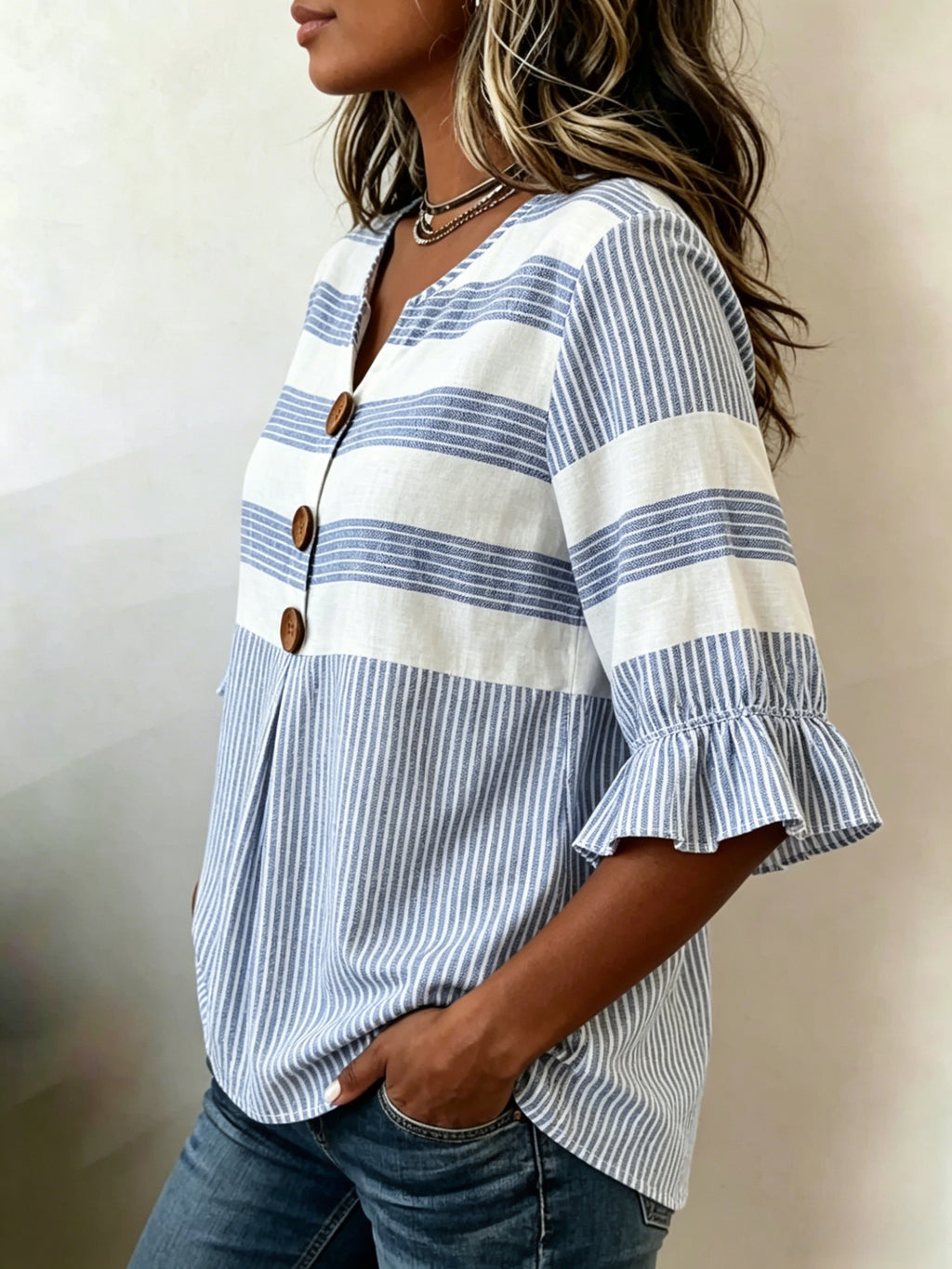Striped V-Neck Blouse Women Ruffle 3/4 Sleeve Loose Fit Tunic Top Lightweight Linen Button Detail Summer Shirt S-2XL