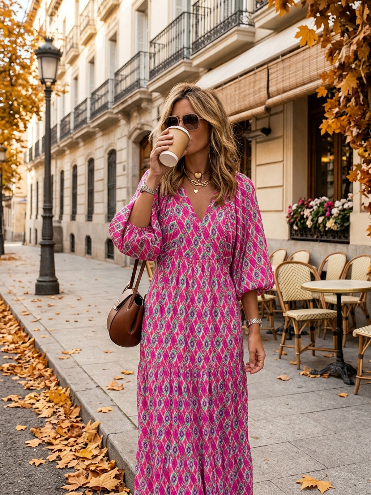 Boho Floral Puff Sleeve Maxi Dress Women V-Neck Lantern Sleeve Loose Long Dress Geometric Floral Print Lightweight Summer Dress S-XXL