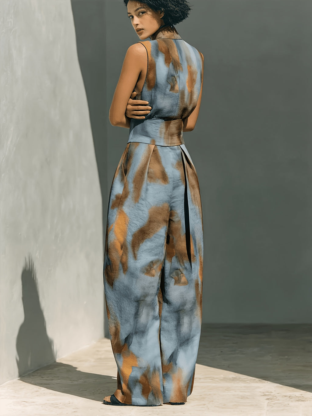 Tie-Dye Print High Neck Sleeveless Top and Wide-Leg Pants 2-Piece Set Street Style Casual S-XXL
