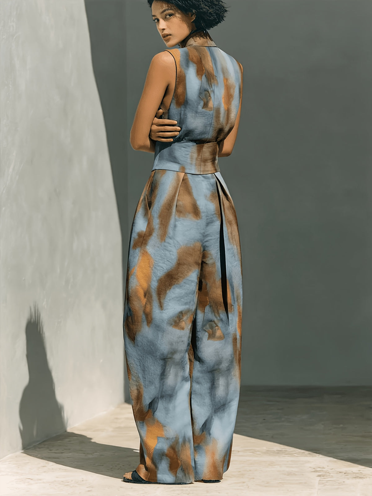 Tie-Dye Print High Neck Sleeveless Top and Wide-Leg Pants 2-Piece Set Street Style Casual S-XXL