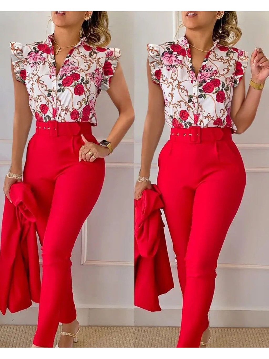 Printed Lotus Leaf Ruffle Sleeve Top Pants 2 Piece Set Women Belt Leopard Camo Print Spring Summer Outfit S-XXL