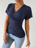 Cross V-Neck Ruched Slim Tee Women Solid Color Short Sleeve Fitted T-Shirt Spring Summer Casual Everyday Top S-XL