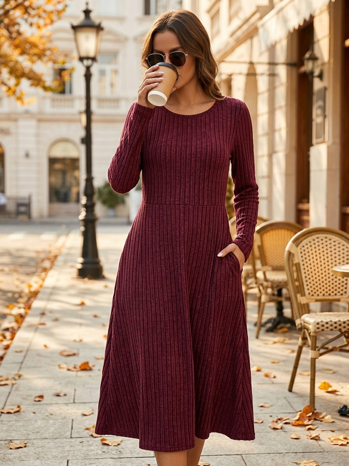Women's Crew Neck Ribbed Waist Maxi Dress | Flattering Knit Dress for Fall Winter | Mira Roam
