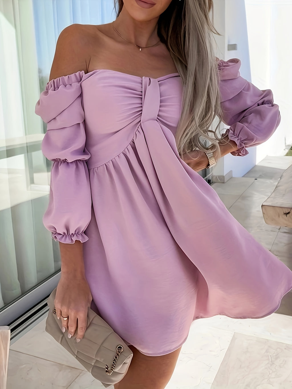 Off Shoulder Dress Women Solid Color Casual Loose Fit Summer Spring Short Sleeve Everyday Wear Comfortable