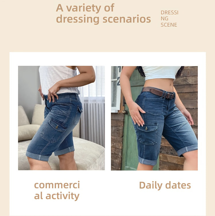 Cargo Capri Jeans Women Heavy Wash Splicing Design Elastic Fabric Hip Lifting Medium Blue Summer Leisure 5 Point Denim Shorts S-XXL