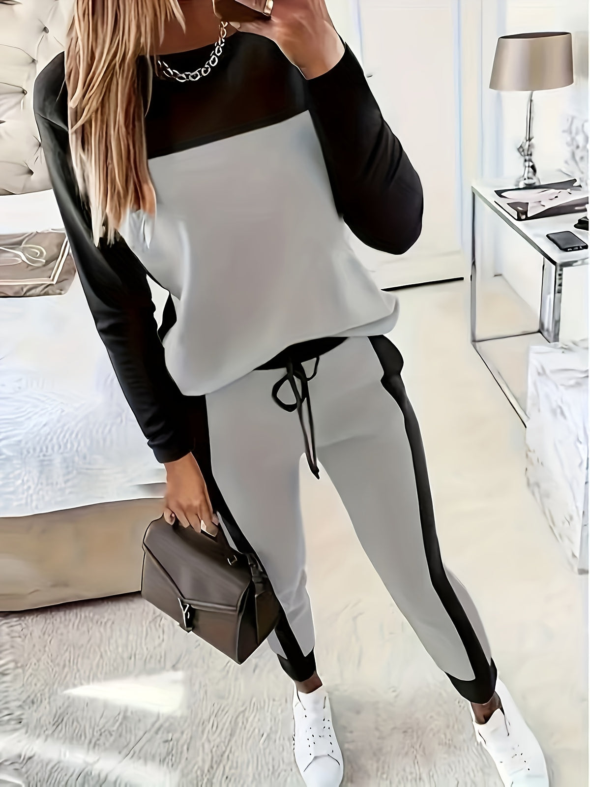 Color Block 2 Piece Set Women Round Neck Long Sleeve Top and Pants Casual Matching Outfit - Soft Stretch Fall Winter Co-ord