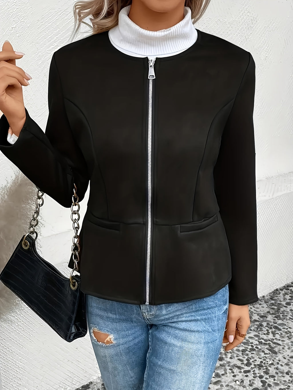 Slim Fit Zip Up Jacket for Women Round Neck Long Sleeve Casual Coat Solid Color All Season Versatile