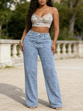 Women's Pearl Embellished Wide-Leg Jeans Solid Color Heavyweight Straight Denim Pants Casual Party European Style Fashion