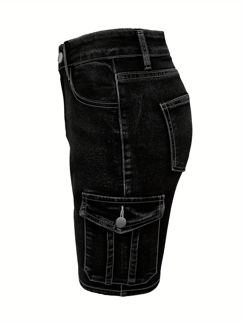 High Waisted Cropped Denim Shorts Women Black Stretchy Multi Pocket Mid Length Street Fashion Summer Travel Jean Shorts Button Closure Machine Washable S-XXL