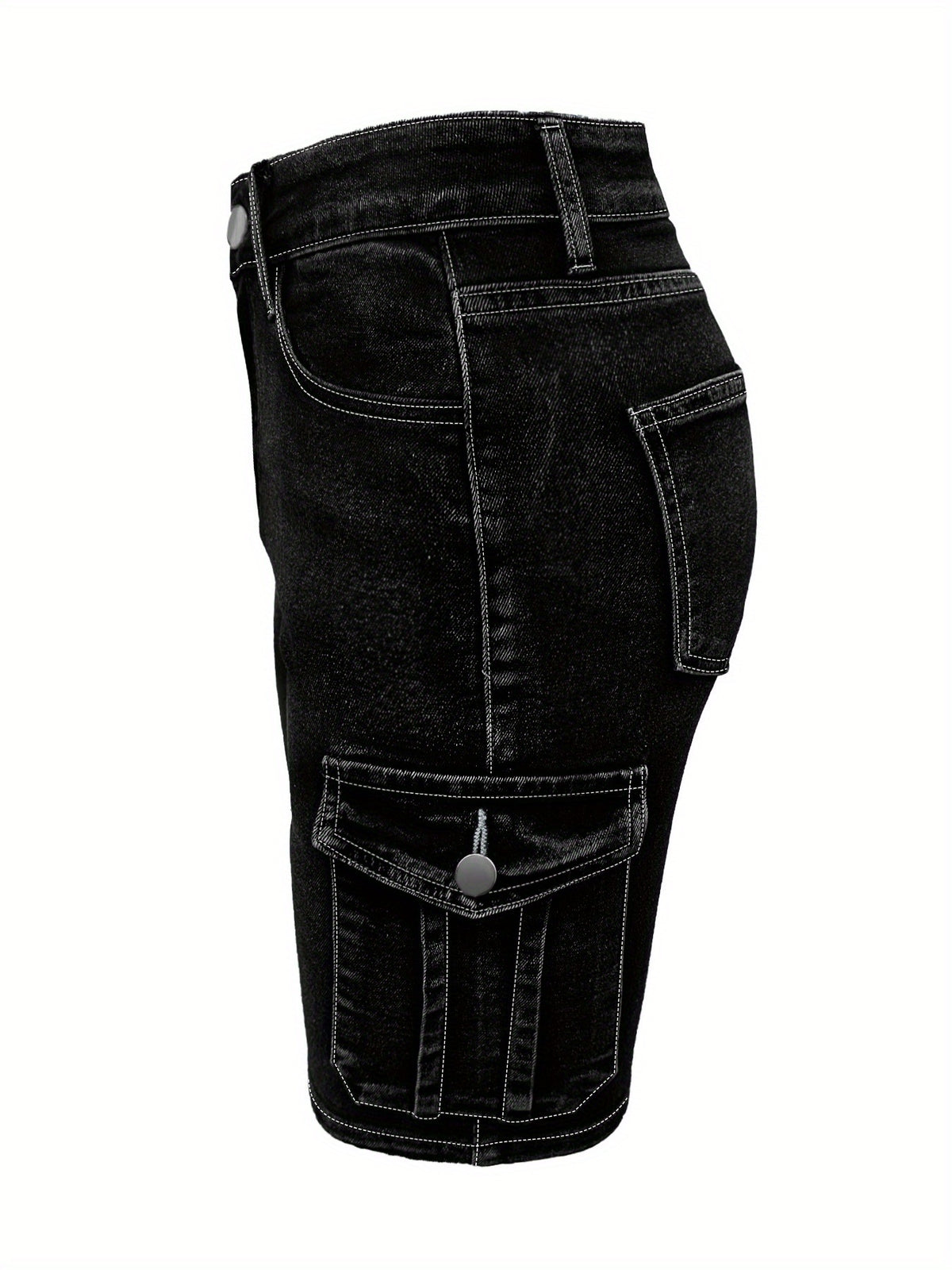 High Waisted Cropped Denim Shorts Women Black Stretchy Multi Pocket Mid Length Street Fashion Summer Travel Jean Shorts Button Closure Machine Washable S-XXL