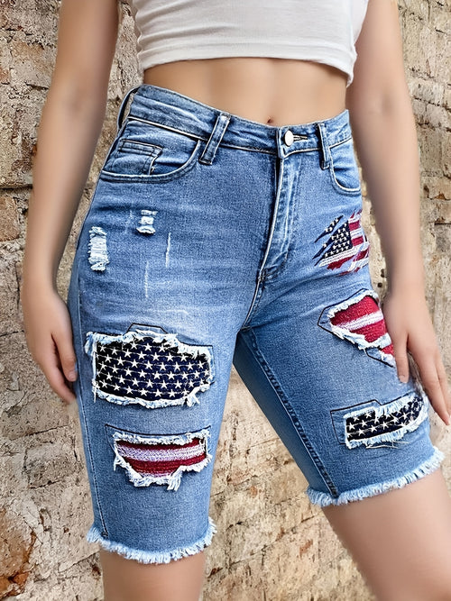 American Flag Embroidered Ripped Bermuda Denim Shorts Women Elastic Waist Stretch Distressed Knee Length 2026 | Mira Roam