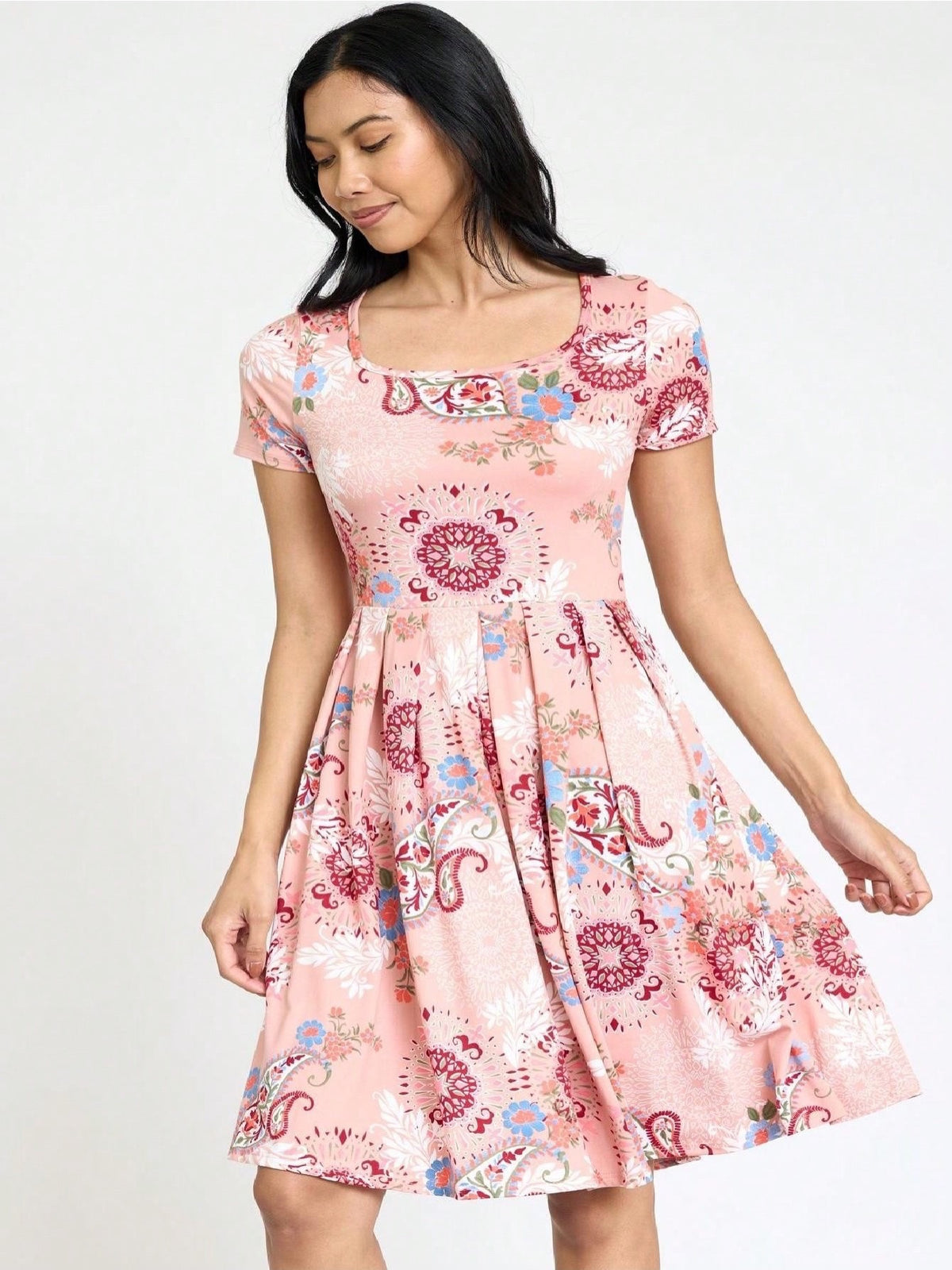 Paisley Floral Swing Dress Women Chevron Stripe Patchwork Pleated Square Neck Elastic Waist Midi Casual Plus Size S-3X