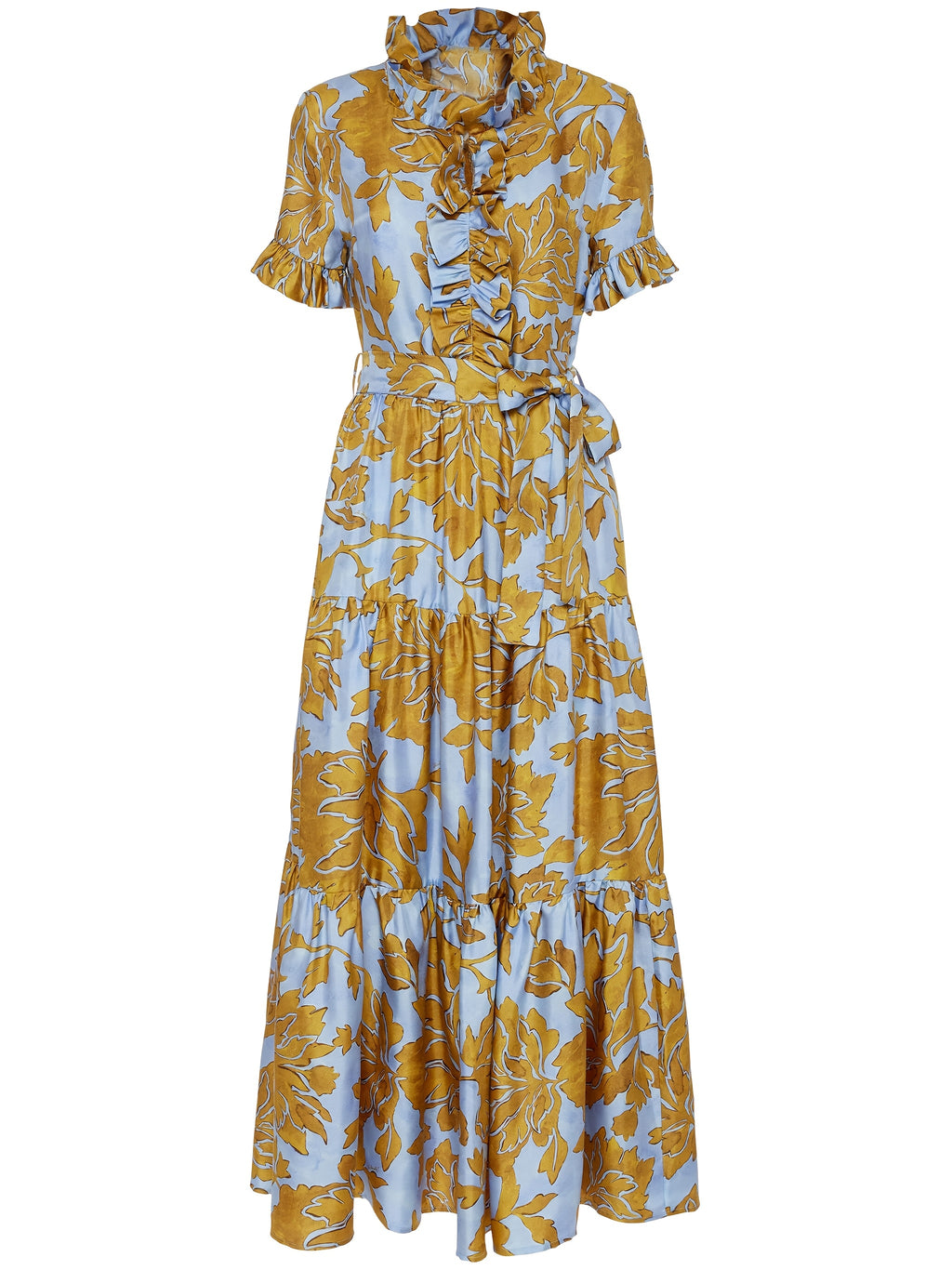Floral Print Maxi Dress Women V-Neck Ruffle Chest Belted Waist Tiered Skirt with Pockets | Blue Yellow Short Sleeve Summer Dress