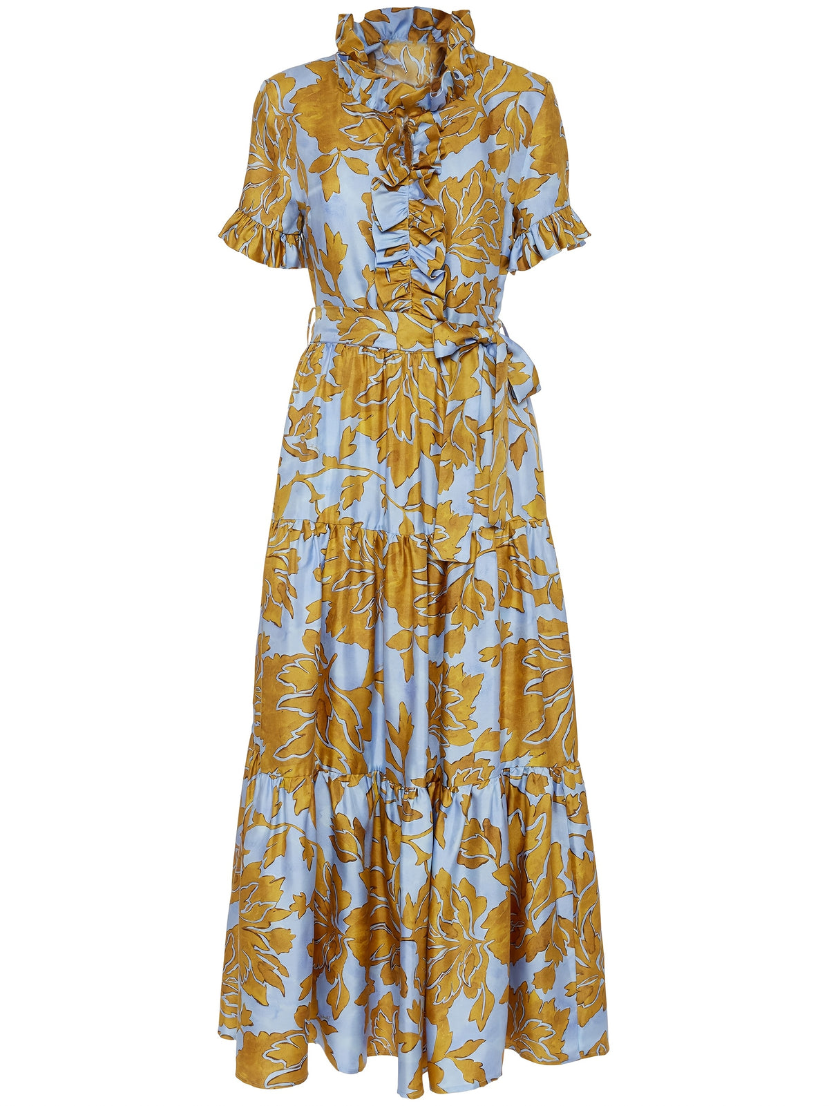 Floral Print Maxi Dress Women V-Neck Ruffle Chest Belted Waist Tiered Skirt with Pockets | Blue Yellow Short Sleeve Summer Dress