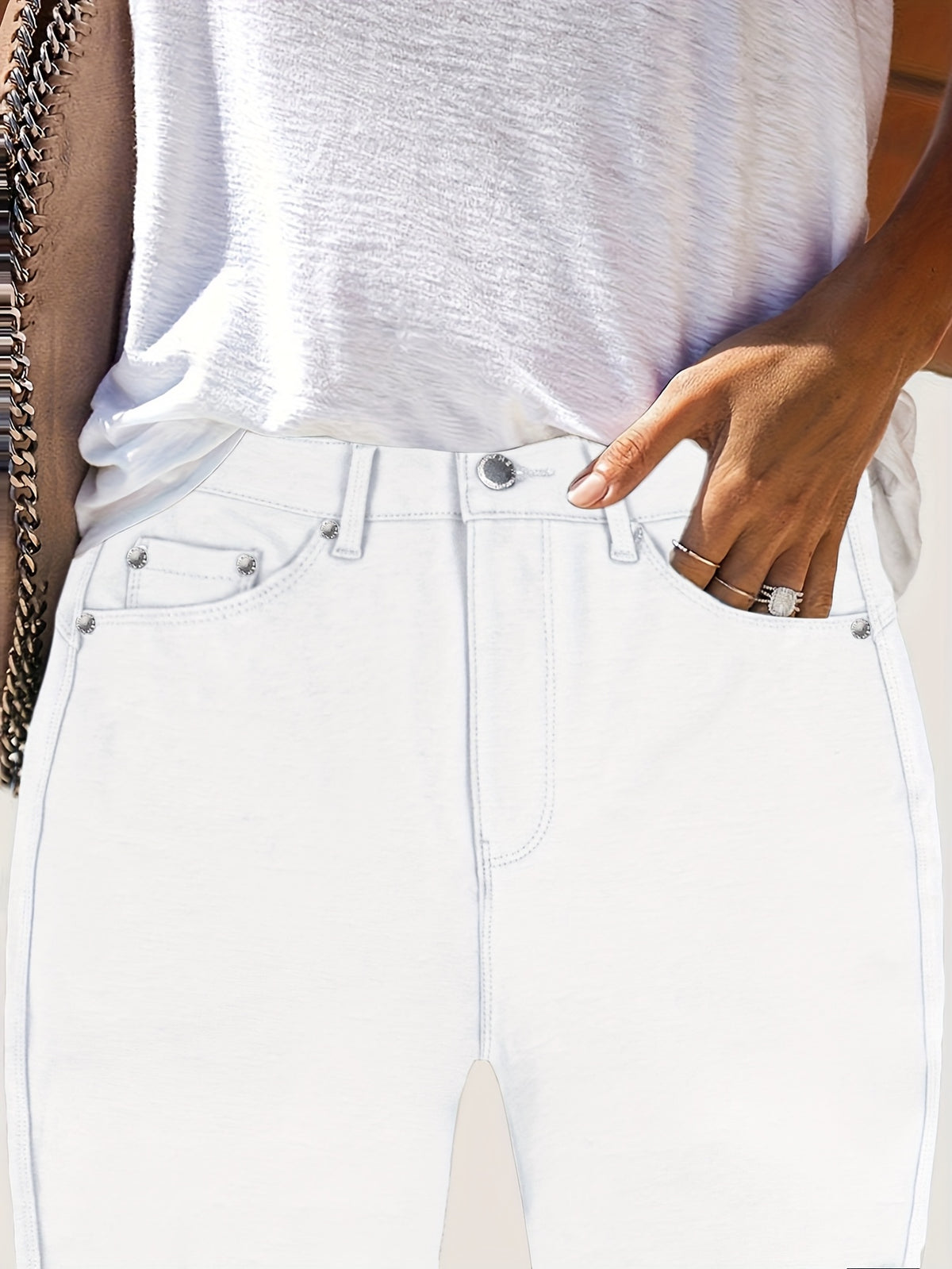 High Waist Skinny Jeans Women Metal Button Detail - Stretch Street Style Casual Denim Pants in Black, Blue, Burgundy & More Colors S-XXL