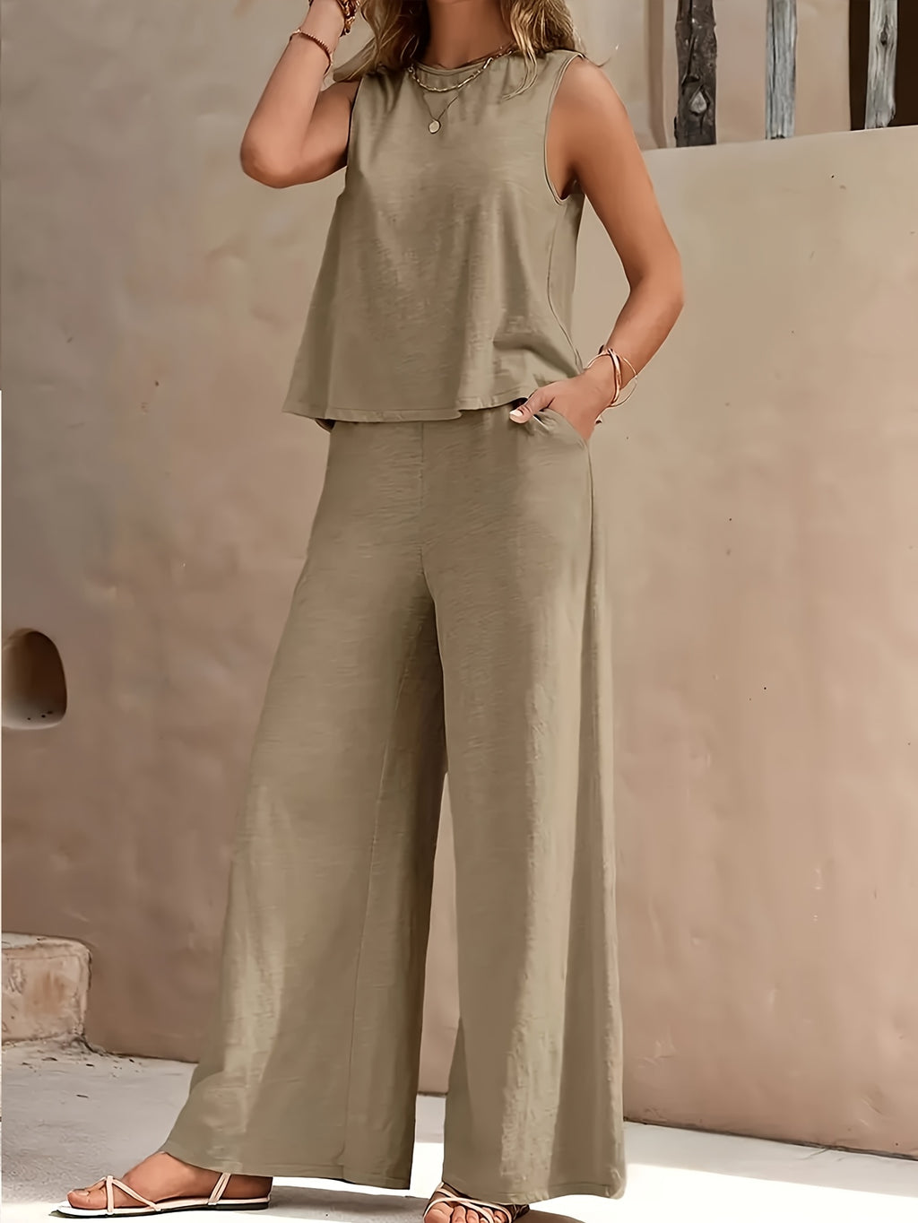 Red Sleeveless Top and Wide Leg Pants 2 Piece Set for Women – Solid Color Smooth Fabric Casual Elegant, Spring Summer, Sizes S-XXL