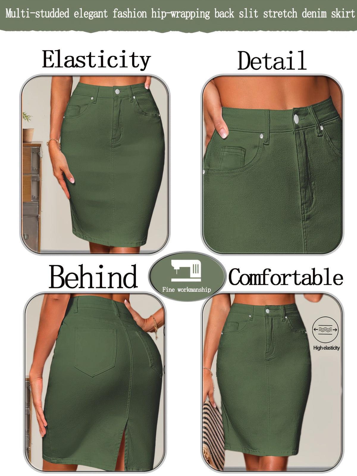 Olive Green High Waist Denim Pencil Skirt Women Stretchy Button Front Side Pockets Back Slit Y2K Vintage Spring Summer S-XXL