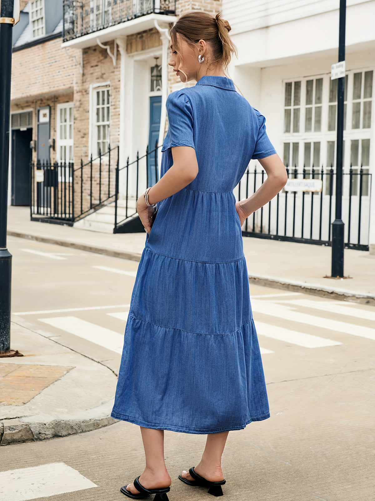 Lyocell Tiered Ruffle Hem Denim Dress Women V-Neck Short Sleeve Maxi Floor-Length Light Blue Casual Vacation All-Season Regular Fit