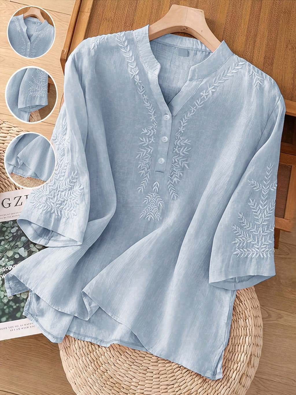 Solid Color Embroidered Loose Top Women Casual Flowy Lightweight Spring Summer Everyday Blouse Shirt for Women