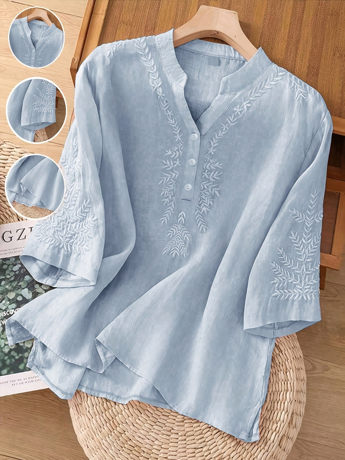 Solid Color Embroidered Loose Top Women Casual Flowy Lightweight Spring Summer Everyday Blouse Shirt for Women