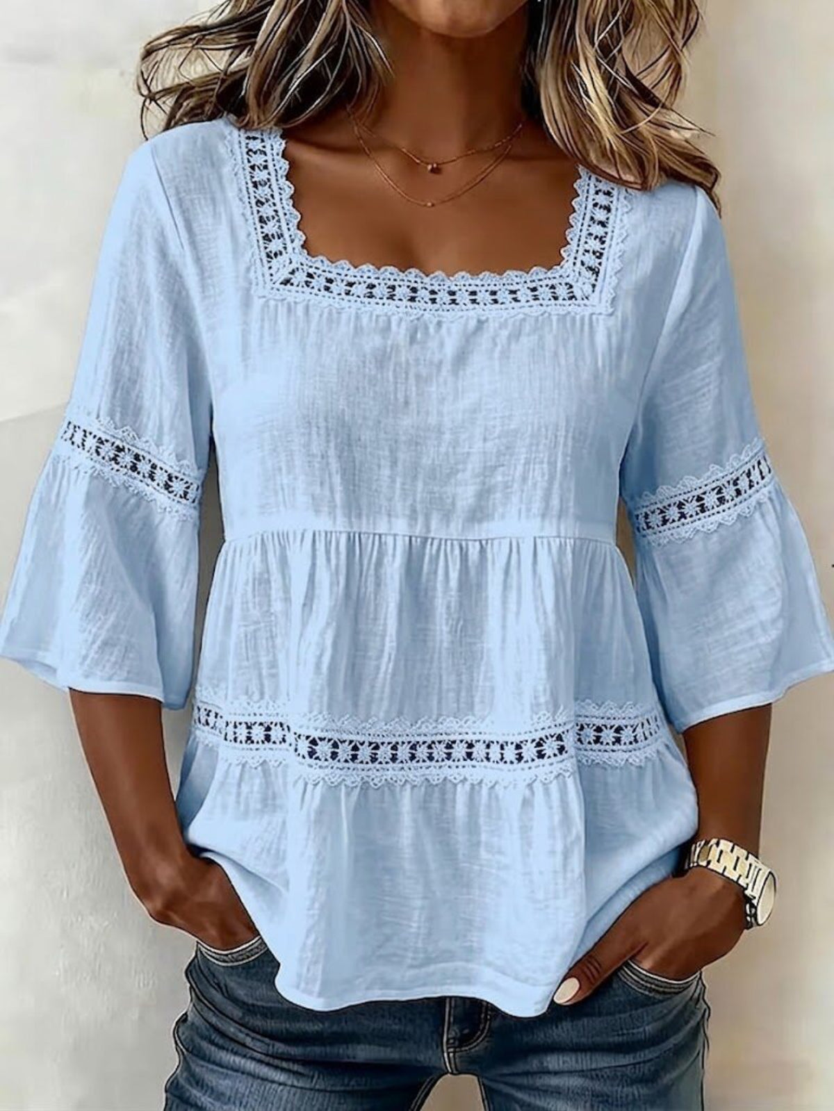 Square Neck Lace Panel Linen Blouse Women 3/4 Bell Sleeve Loose Fit Breathable Summer Vacation Top S-XL